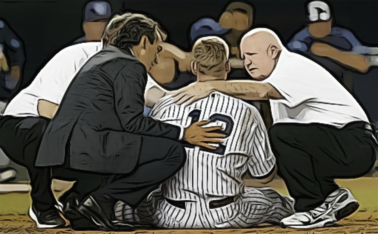 Sports Medicine team surrounding injured Yankees baseball player on the field