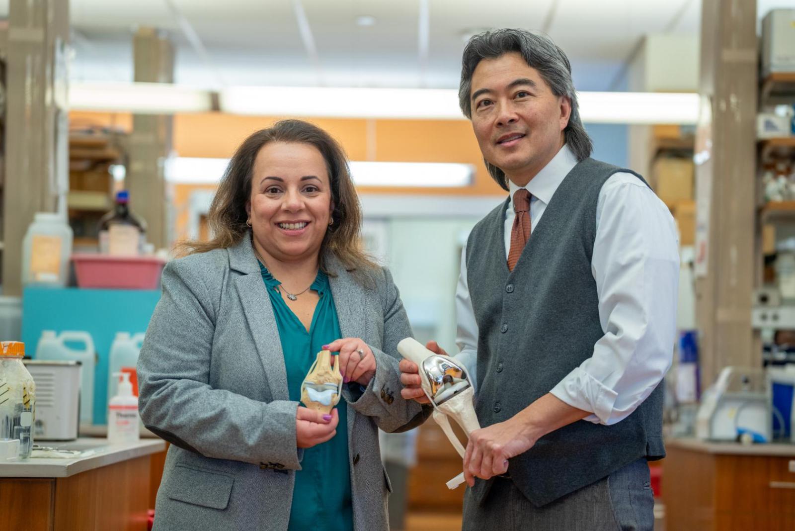 Nadeen Chahine and Clark Hung with models of knee replacement hardware