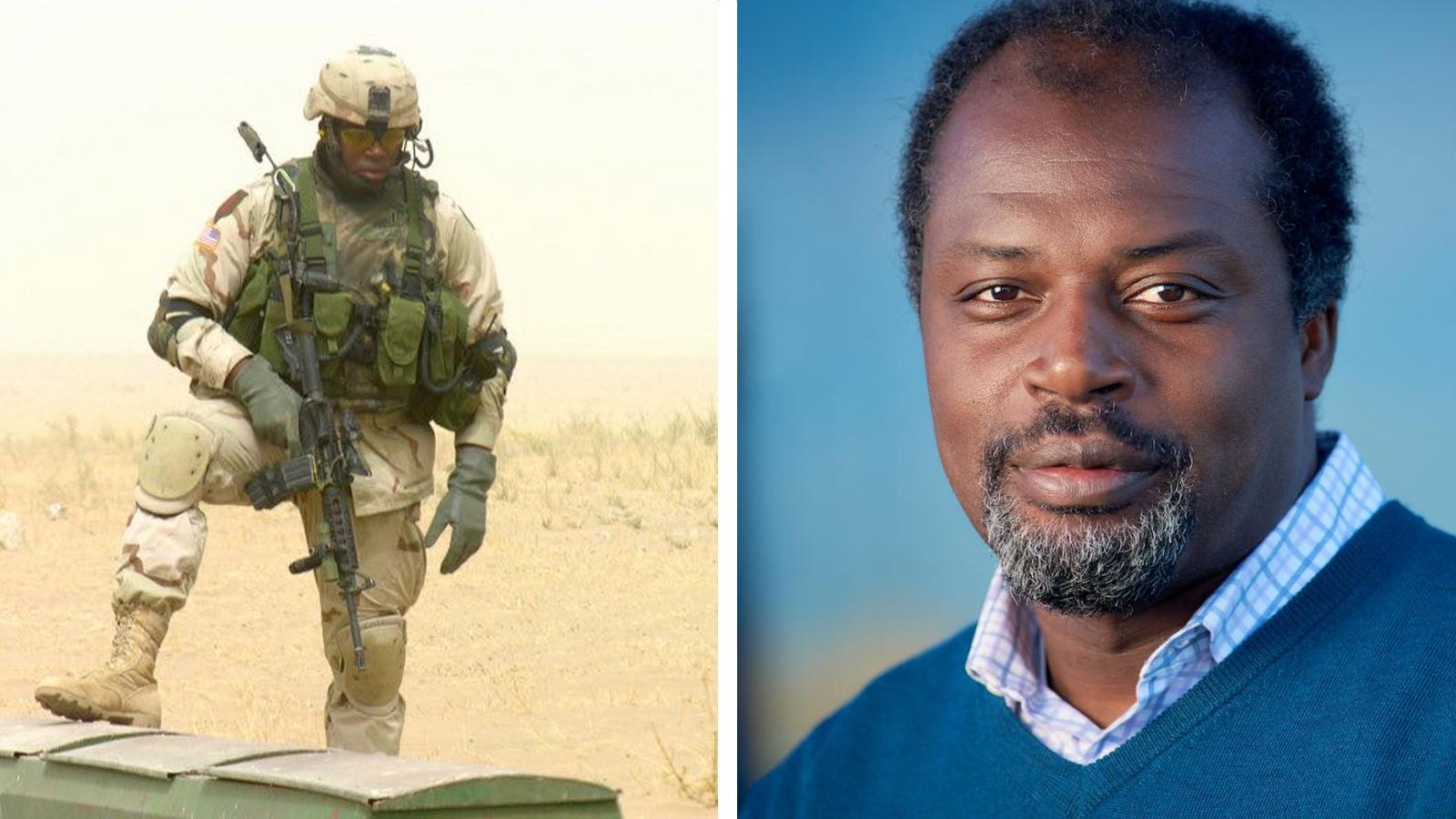Kenrick Cato standing in combat fatigues of the U.S. Army (left) and head shot (right)