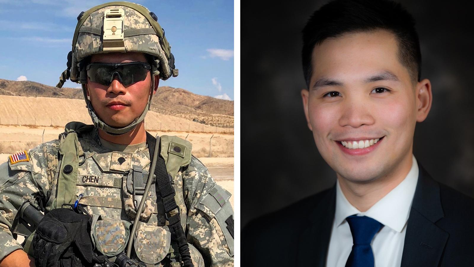 Jacky Chen in combat fatigues (left photo) and in suit and tie (right photo)