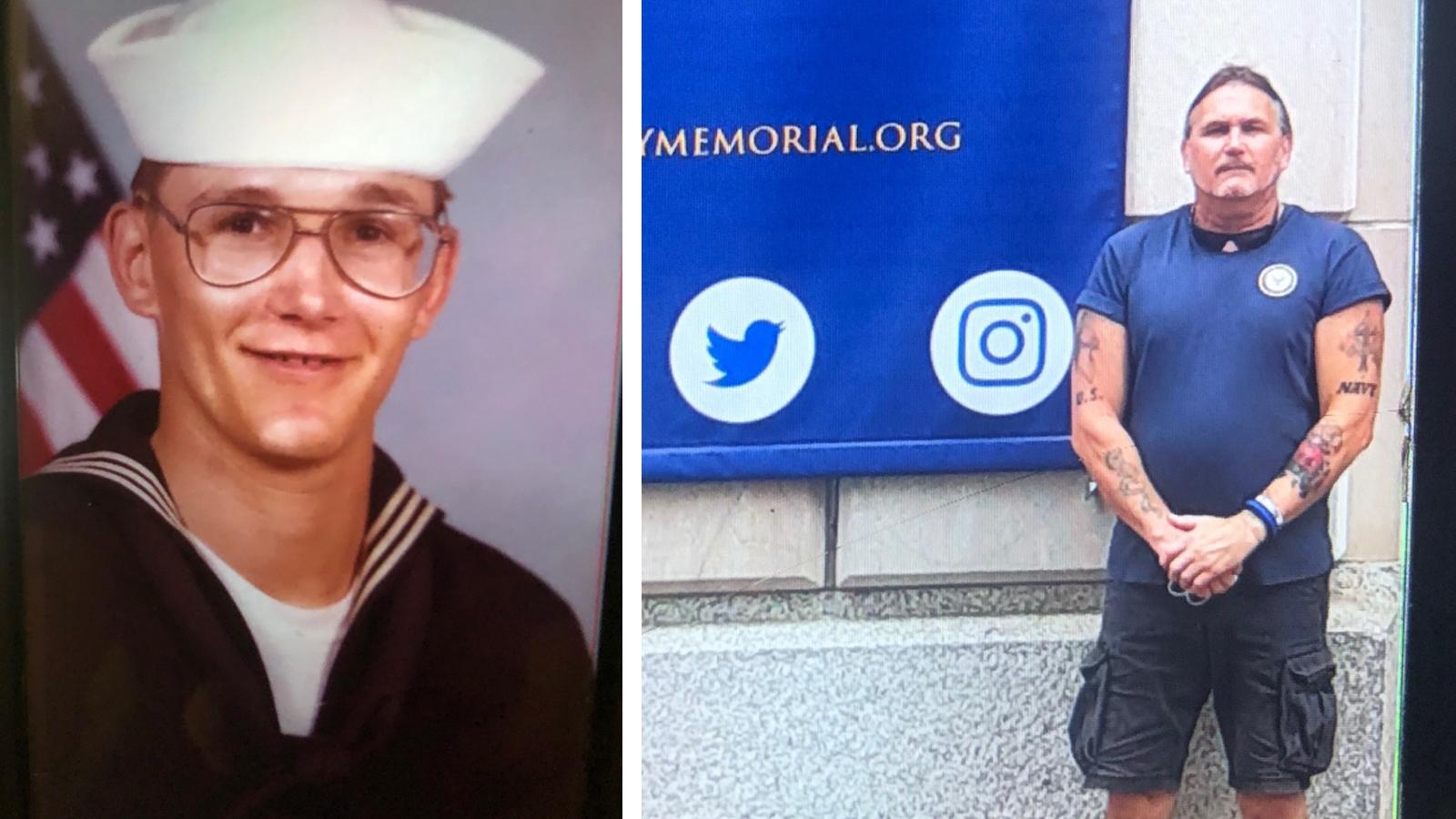 Bobby Dagstine in his naval uniform (left photo) and standing in front of the U.S. Navy memorial (right photo)