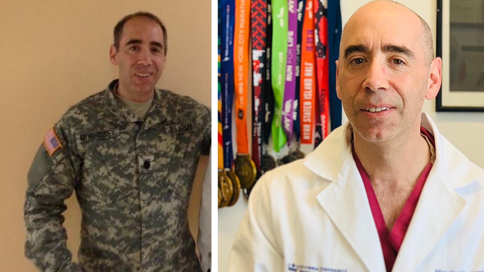Dr. Nicholas Morrissey standing in his US Army uniform (left photo) and in his doctor's white coat in his Columbia office (right photo)