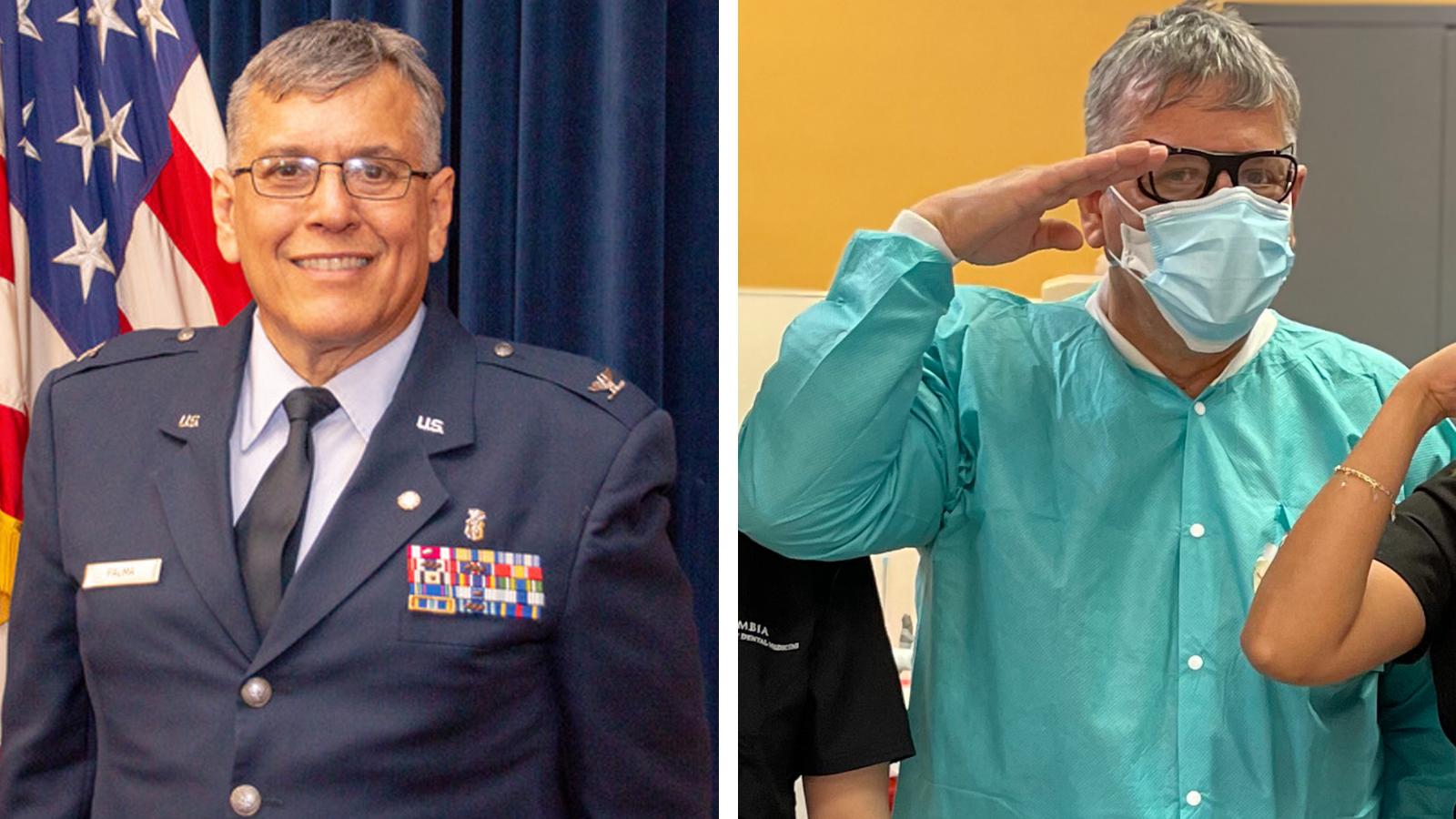 Columbia dentist Jacob Palma in his Air Force uniform (left photo) and in scrubs in his Columbia dental office (right photo)