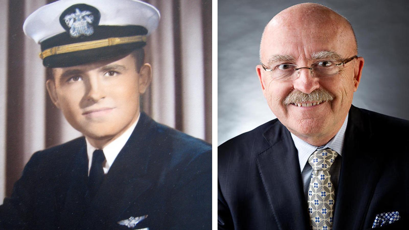 Donald Quest in the 1960s in his Navy uniform (left photo) and today in suit and tie (right photo)