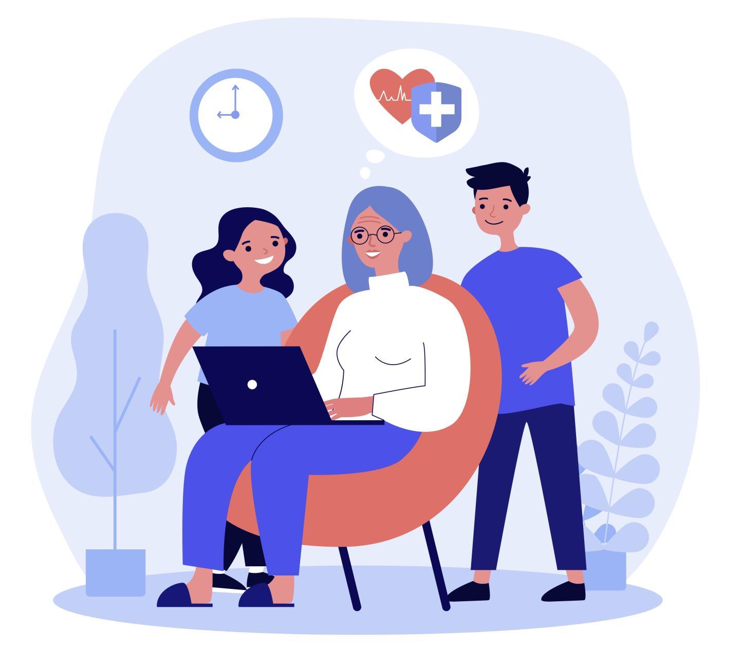 An illustration of an older woman and children reviewing heart health information
