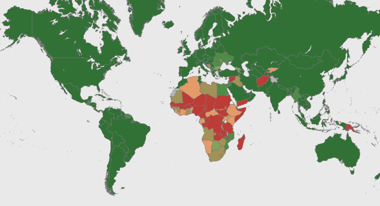 world map showing that African countries have least amount of COVID vaccination in March 2022