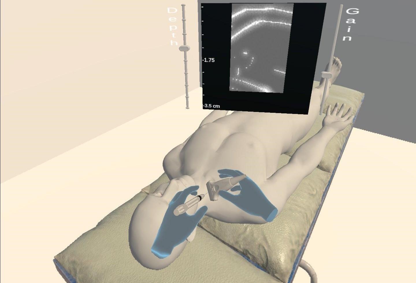 virtual patient on a hospital bed, as seen through a virtual reality headset