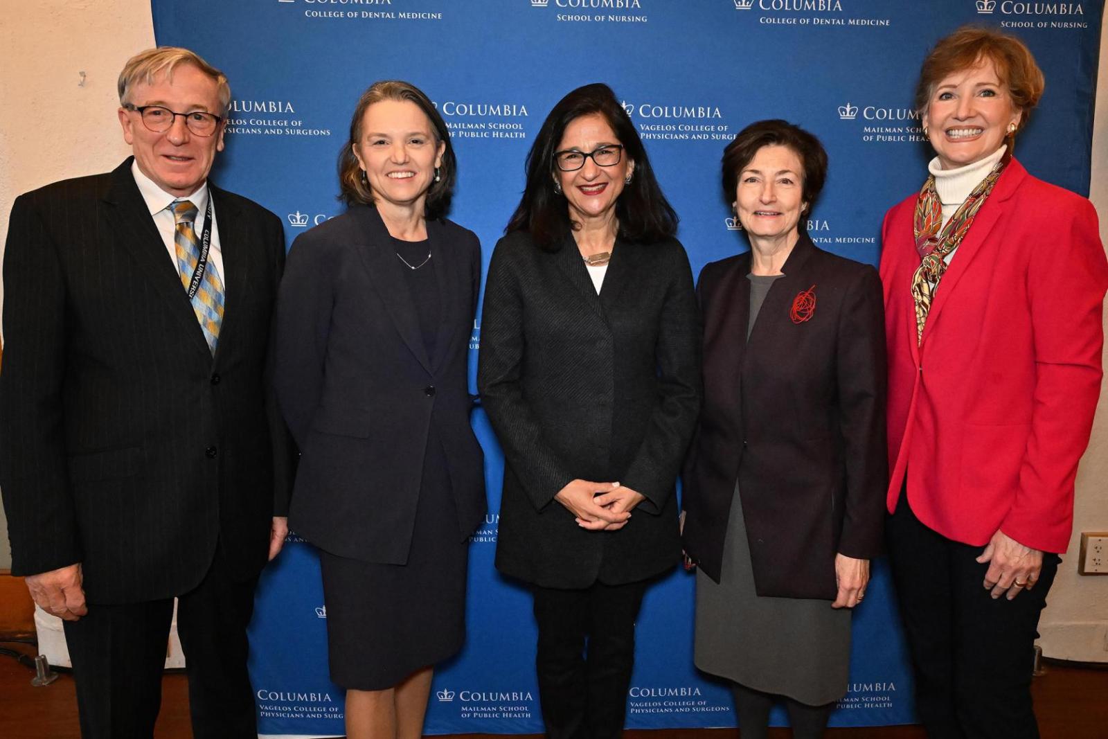 Minouche Shafik with CUIMC deans, from left, Christian S. Stohler (College of Dental Medicine), Katrina Armstrong (VP&S), Linda P. Fried (Mailman), and Lorraine Frazier (School of Nursing).