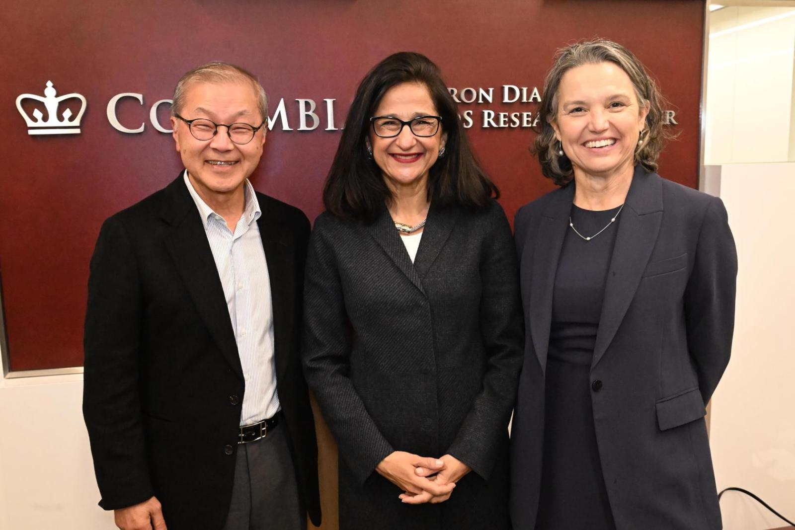 From left: David Ho, incoming president Minouche Shafik, and Dean Katrina Armstrong
