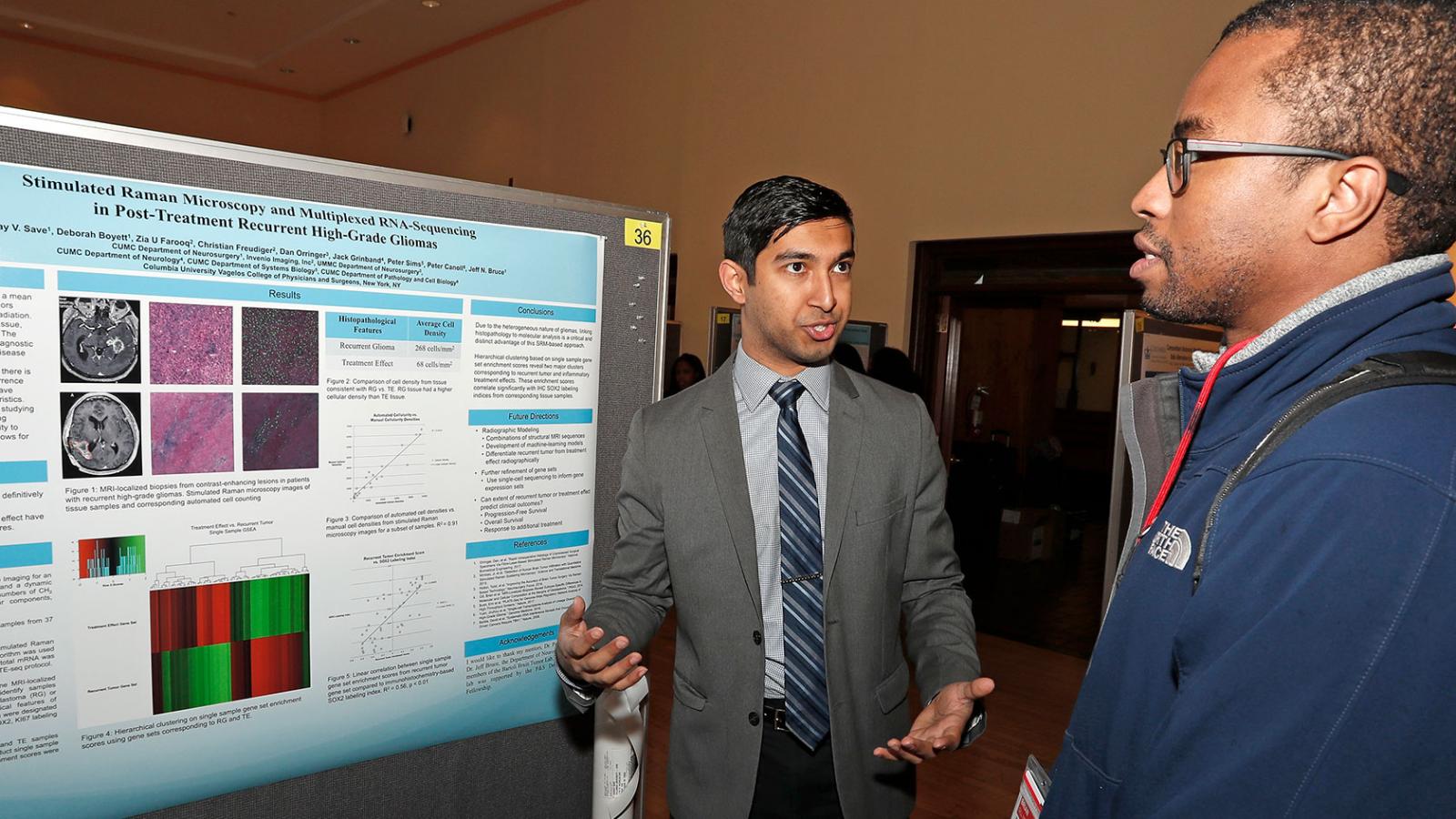 Akshay Save explained his project, “Stimulated Raman Microscopy and Highly Multiplexed RNA-Sequencing in Post-Treatment Recurrent High-Grade Gliomas,” and won second place in the Research Year basic science category.