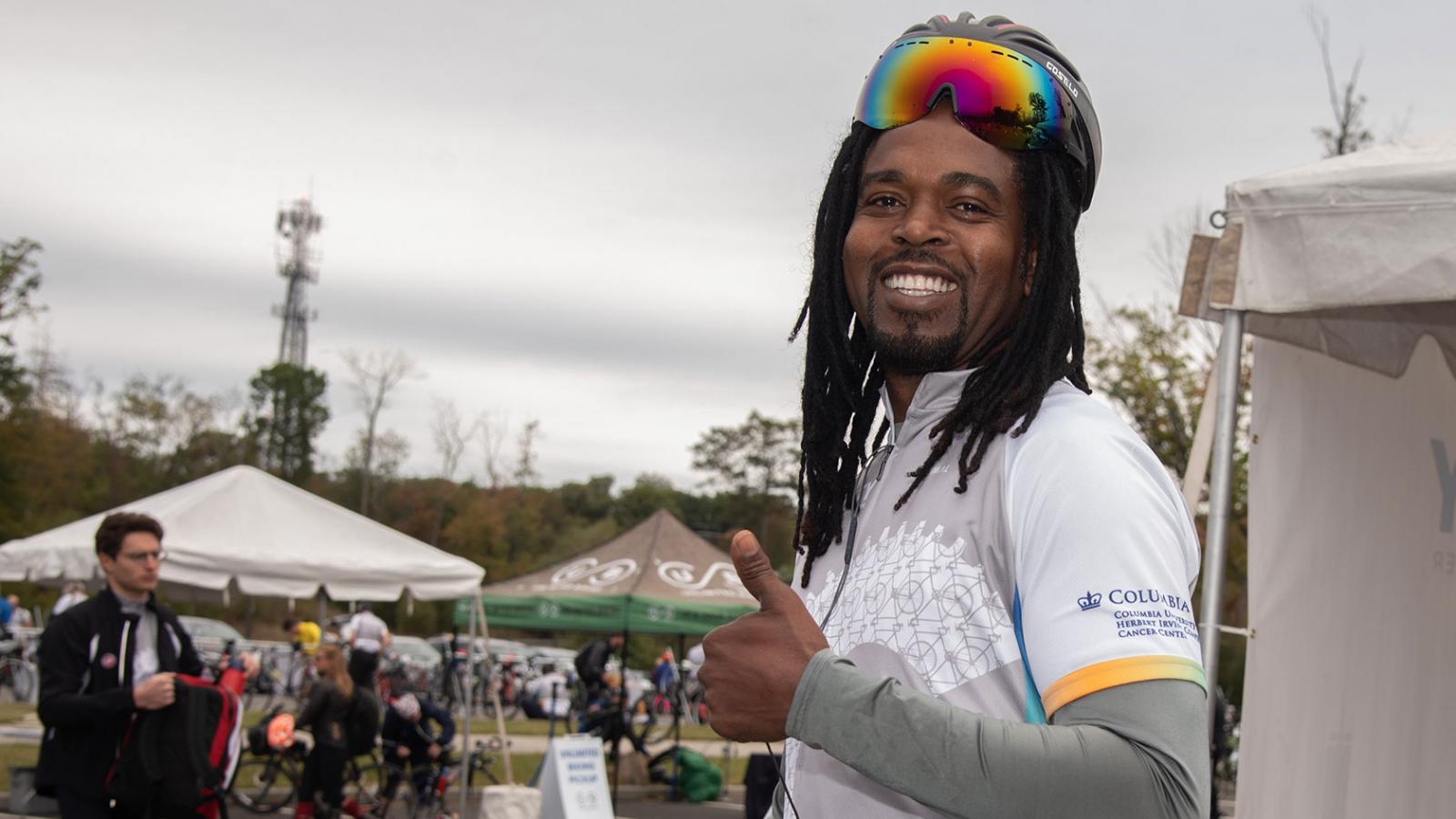 A Velocity rider gives the thumbs up.