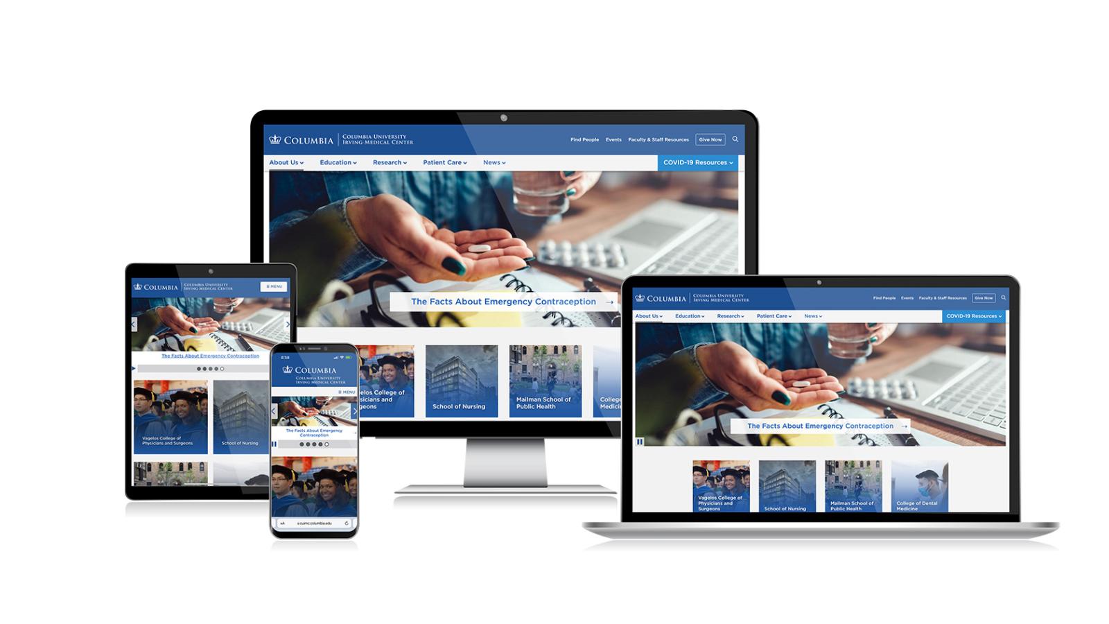 A large screen, laptop, tablet, and smartphone all displaying the 2022 CUIMC website