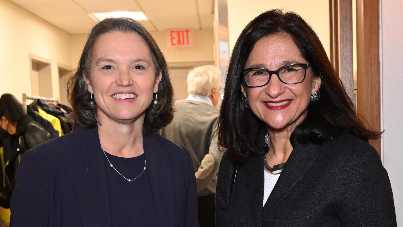 Dean Katrina Armstrong with incoming Columbia president Minouche Shafik