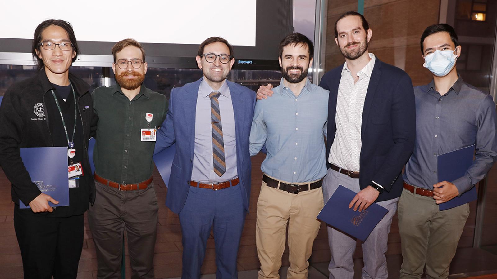 From left: Andrew Chen, MD; Wesley J. Earl, MD; Matthew Hidalgo, MD; Adam Kroopnick, MD; Evan Kyzar, MD; and Lee Seligman, MD, who received the Arnold P. Gold Foundation’s Humanism and Excellence in Teaching Awards.