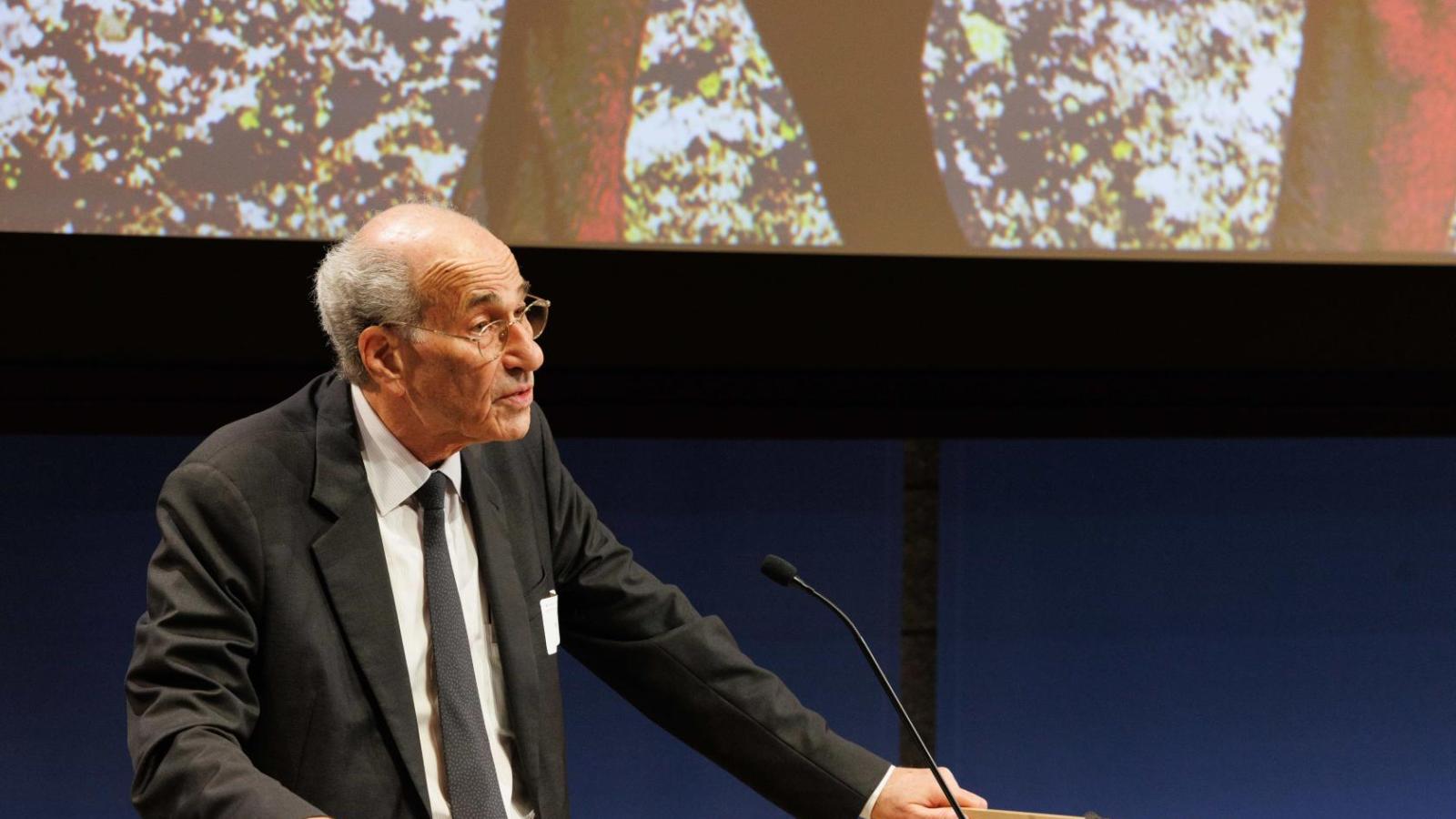 Man stands behind a podium giving a speaking presentation