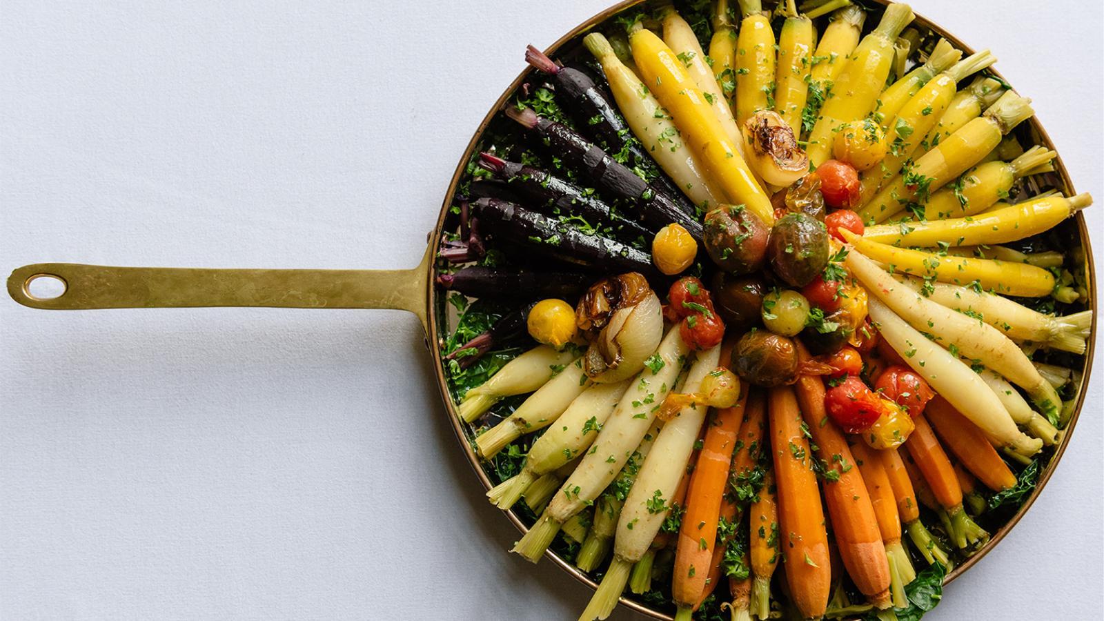 Tricolor baby carrots with roasted heirloom tomatoes