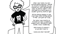 a panel from a cartoon showing the author explaining her story
