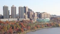 View of Towers 1, 2, and 3 from the Hudson River in the autumn.