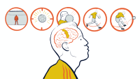 illustration of soccer player's brain orchestrating actions needed to kick a ball