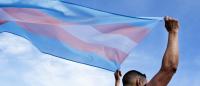 a young caucasian person, seen from behind, holding a transgender pride flag over his or her head against the blue sky