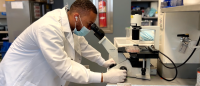 researcher in a laboratory looking through a microscope