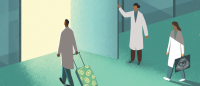 illustration of doctors walking through an opened door