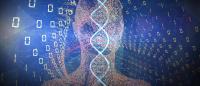 graphic illustrating concepts of human genome and artificial intelligence